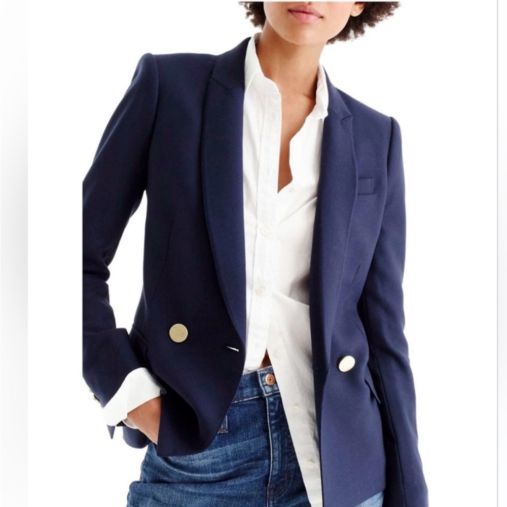 J. Crew Dover Blazer Double Breasted Italian Wool Navy Blue
Gold Buttons, 00